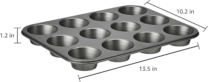 Amazon Basics Nonstick Muffin Pan, Set of 2, Sturdy, Oven Safe, Bakes Evenly, Easy to Clean, 12 Cups, Gray, 13.9x10.55x1.22"