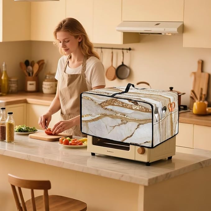Marble Print Toaster Oven Cover, Heavy-Duty Dust Shield Kitchen Decorative Countertop Oven Protector, Microwave Air Fryer Cover, Light Gold White, (Large-18.5*22.5*12.99 inches)
