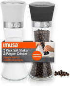 IMUSA Salt Shaker and Pepper Grinder Set – 2 Pack Glass Salt Shaker and Pepper Mill Set, Manual Adjustable Ceramic Core Pepper Grinder, 6 oz Capacity, Refillable Salt and Pepper Set for Kitchen