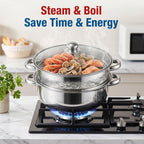 ZENFUN Steamer Pot With Lid 2 Tier, Multipurpose Stainless Steel Steaming Pot, Steam Pots With Handle For Vegetable, Dumpling, Food, 11 Inch（Thickened）