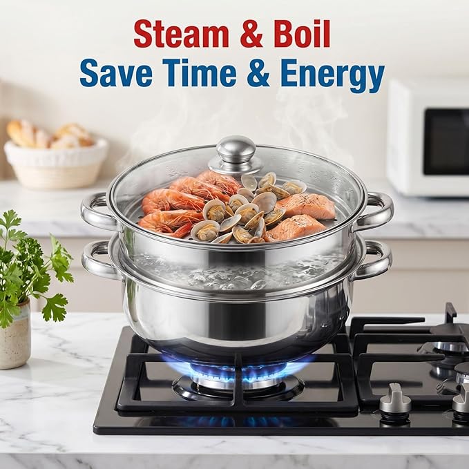ZENFUN Steamer Pot With Lid 2 Tier, Multipurpose Stainless Steel Steaming Pot, Steam Pots With Handle For Vegetable, Dumpling, Food, 11 Inch（Thickened）