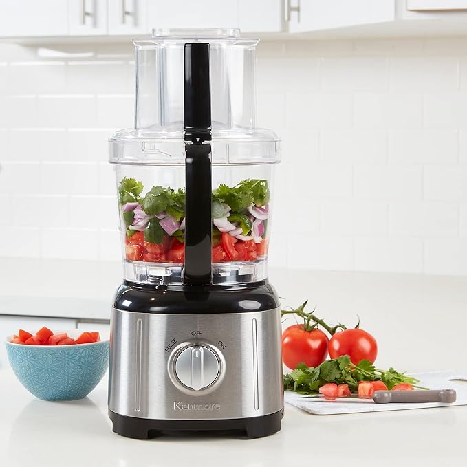 Kenmore 11-Cup Food Processor and Vegetable Chopper with Reversible Slicing/Shredding Disc, Chop, Slice, Shred, Mince, Grate, Puree, Stainless Steel, 500W, Black and Silver