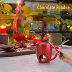 BSTKEY 230ML Personal Chocolate Fondue Mug Set, Ceramic Butter Warmer Set, Mini Melt Hot Pot Cup Set for Cheese Chocolate Butter Caramel, with 2 Forks (Red)