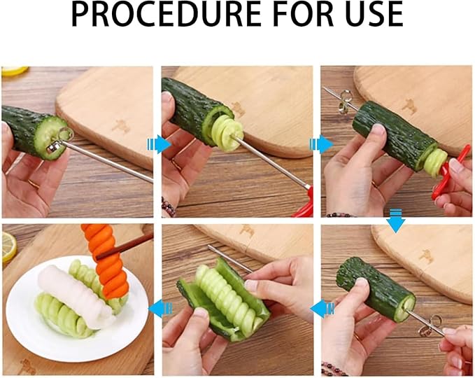 2 Pack Red Manual Vegetable Spiral Knife Kitchen Tool - Stainless Steel Screw Slicer for Carrots - Cucumbers, Zucchini, Potatoes, Apples, Salad Chopper & Fruit Corer Spiralizer (6.5 inches)
