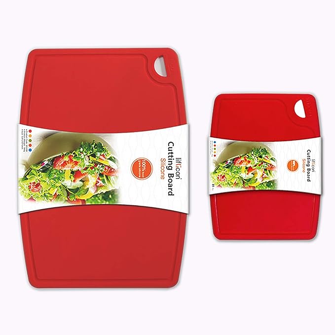 Liflicon Thick Silicone Cutting Boards for Kitchen Silicone Chopping Boards/Mats Set of 2 Extra Large14.6''x10.43'', Mini 9.1”x7.1” Non-slip Deep Drip Juice Groove, Dishwasher Safe-Red
