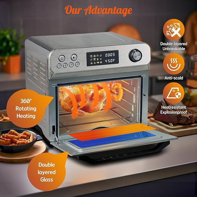 HYSapientia Air Fryer Toaster Oven Combo, 26Quart 10-in-1 Extra Large Countertop Convection Oven with LED Display Knob Control, 1800W Stainless Steel, Less Oil, Faster Cooking,7 Accessories+Recipe