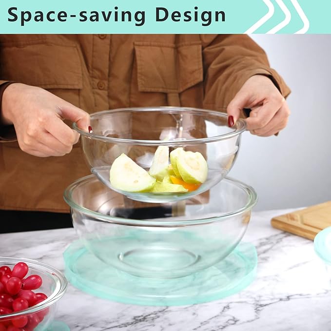 Luvan Glass Mixing Bowl with Airtight Lids, (1QT, 1.5QT, 2.5QT, 3.7QT), 8-piece Kitchen Salad Bowls Clear Nesting Big Cooking Bowl, Microwave Oven Safe for Meal Prep,storage,Baking,Serving