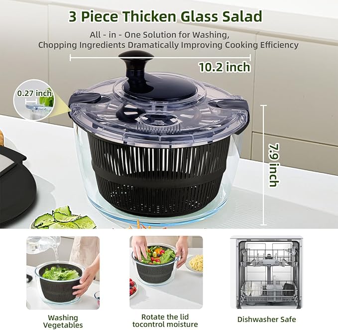Large 5.2 Qt Glass Salad Spinner Vegetable Dryer with Drain Microwave Safe Dishwasher Safe with Transparent Lid Crank Handle Quick Spin Greens Washer for Lettuce Herbs Fruits (black)