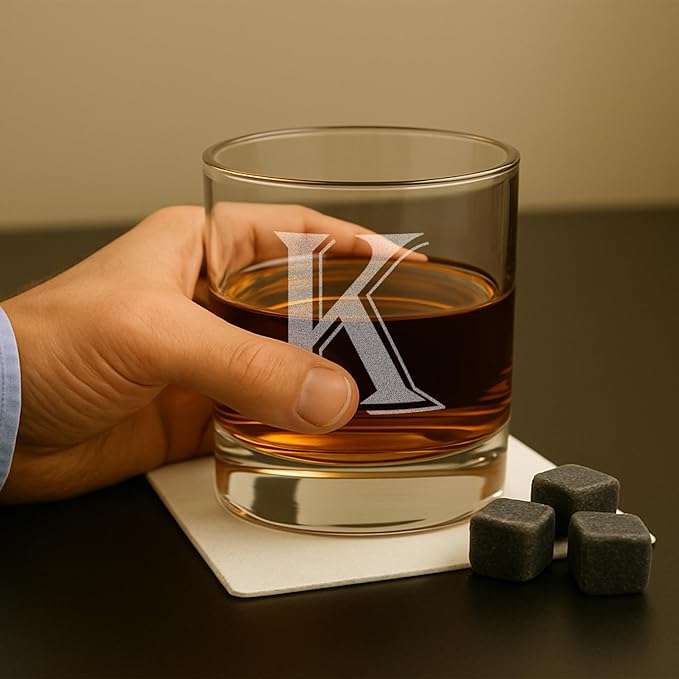 On The Rox (K-Monogram)- 4 Piece Set of 11 Ounce Engraved Heavy Base Rocks Whiskey Glasses Elegant Glass-Bourbon Multi-Purpose Beverage-Rocks Glass- Gift for any Occasion Drinks