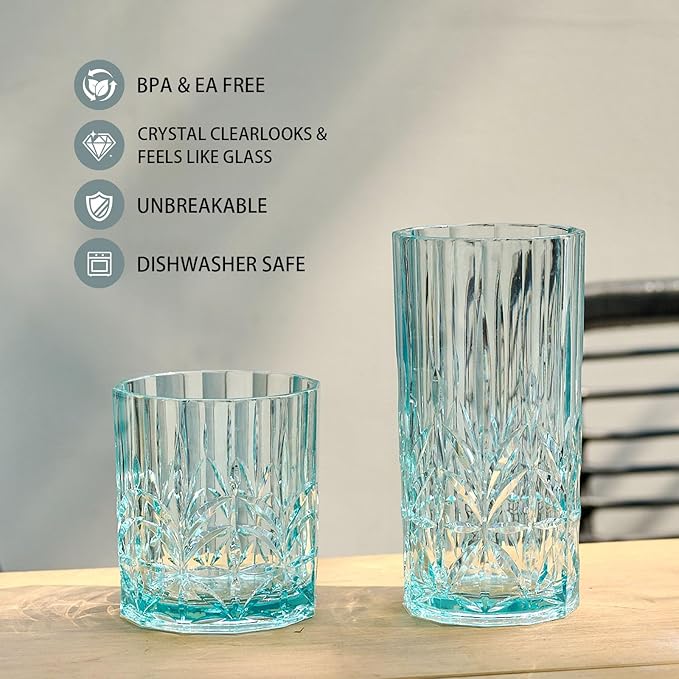 BELLAFORTE Shatterproof Tritan Plastic Drinking Glasses. 13oz & 18oz Water Glasses Set of 4 - Myrtle Beach Glasses Drinking - Unbreakable Tumblers for Parties - BPA Free, Dishwasher Safe (Teal)