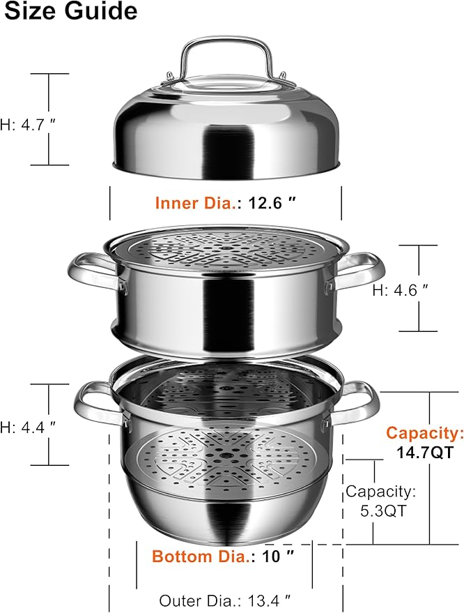 VENTION 3 tier Steamer Pot Stainless Steel Large 34cm, Induction Steamer for Cooking, 13.4 Inch Steam Pot for Dumpling
