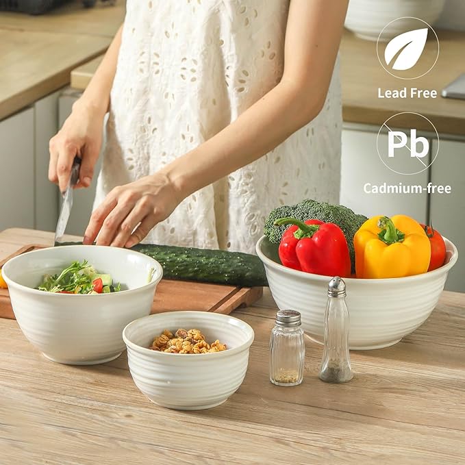 HASENSE Ceramic Mixing Bowls Set, 2.1/1.0/0.5 Qt, Handmade Salad Serving Bowls for Kitchen, Deep Nesting Dishes for Storage and Baking, Microwave Dishwasher Safe, Clay-Infused White