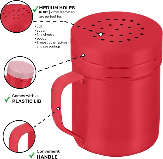 CUSINIUM 6oz Red Stainless Steel Salt Pepper Dredge Shakers - With Plastic Cap - With Handle - Pack of 2