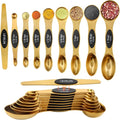 Gold Magnetic Measuring Spoons Set Stainless Steel with Leveler, Dual-Sided Stackable Metal Measuring Spoons for Baking & Cooking, Fits in Spice Jars, Heavy Duty Kitchen Gadgets, 8 Spoons & 1 Leveler