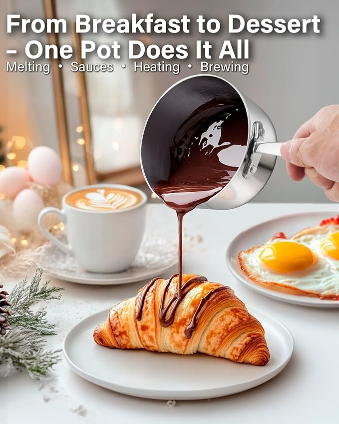D&M Butter Warmer Set, 4-Piece Milk Frother and Chocolate Melting Pot, Multi-Ply Clad Stainless Steel Small Saucepan for Induction Stovetop, Coffee, Butter, Syrup, 0.14/0.23/0.39/0.57 Quart