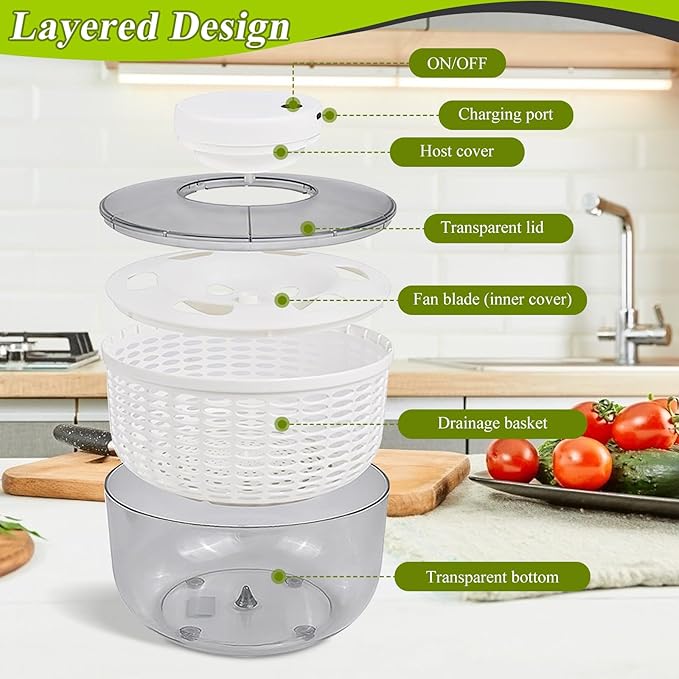 Electric Salad Spinner, 6L Lettuce Spinner Large Capacity USB Chargeble Fruit Vegetable Washer Dryer for Home Kitchen, Include Grater, Scissor, Sauce bottle, 3 Towels