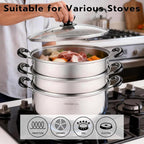 3 Tier Stainless Steel Steamer Pot For Cooking With Stackable Pan Insert, Food/Vegetable Steamer Cooker, Cookware Pot/Saucepan with Glass Lid, Multilayer By Lake Tian (26cm/10in)