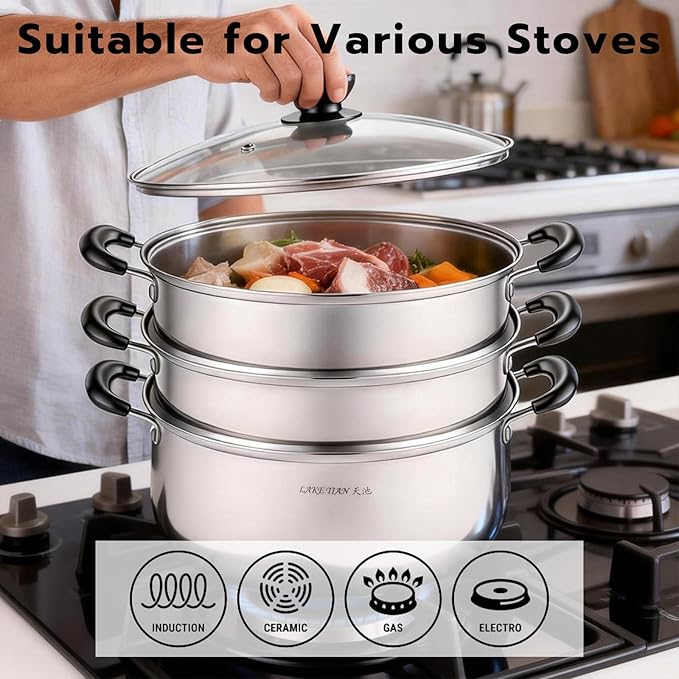 3 Tier Stainless Steel Steamer Pot For Cooking With Stackable Pan Insert, Food/Vegetable Steamer Cooker, Cookware Pot/Saucepan with Glass Lid, Multilayer By Lake Tian (26cm/10in)