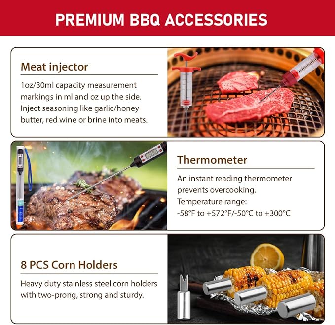 HUSSAR 34PCS BBQ Grill Tools Set Stainless Steel Grilling Accessories with Spatula, Tongs, Skewers for Barbecue, Camping, Kitchen, Complete Premium Grill Utensils Set in Storage Bag, Silver, (BTS-34)