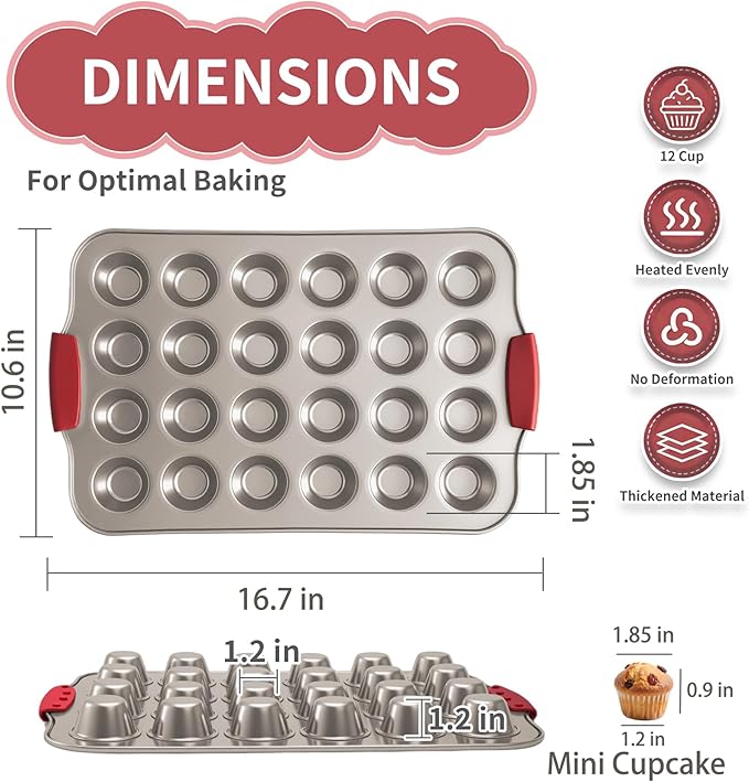 24 Cup Mini Cupcake Pan with Silicone Handles, Non-Stick Mini Muffin Pan, Baking Molds for Mini Cupcakes, Muffins, Quiches, Carbon Steel Mini Baking Pan, Dishwasher Safe (2 Pack)