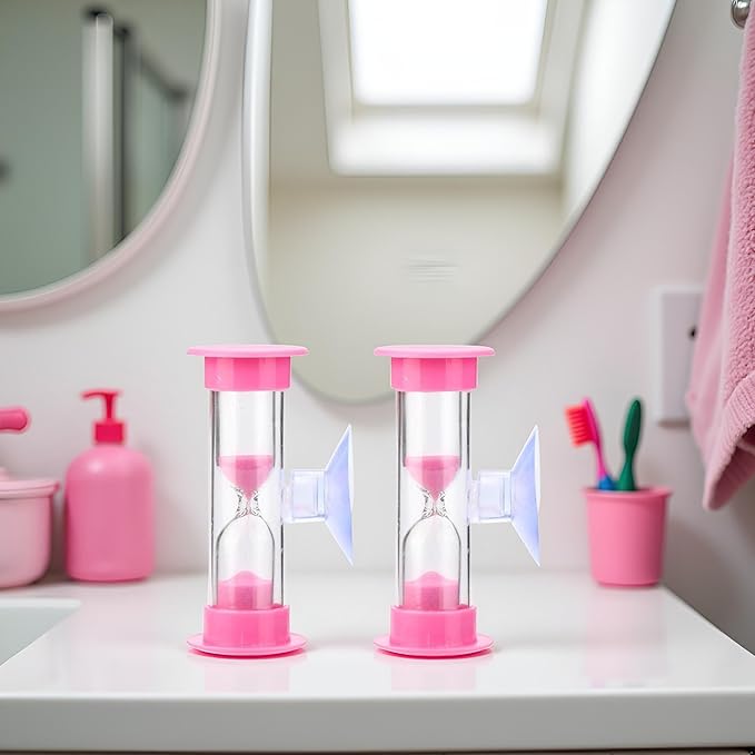 2Pcs Pink 2 Minute Plastic Sand Timer Hourglass Sand Clock with Suction Cup Time Funnel Shower Timer Tooth Brushing Time Reminder Timers Thermometers Kitchen and Dining