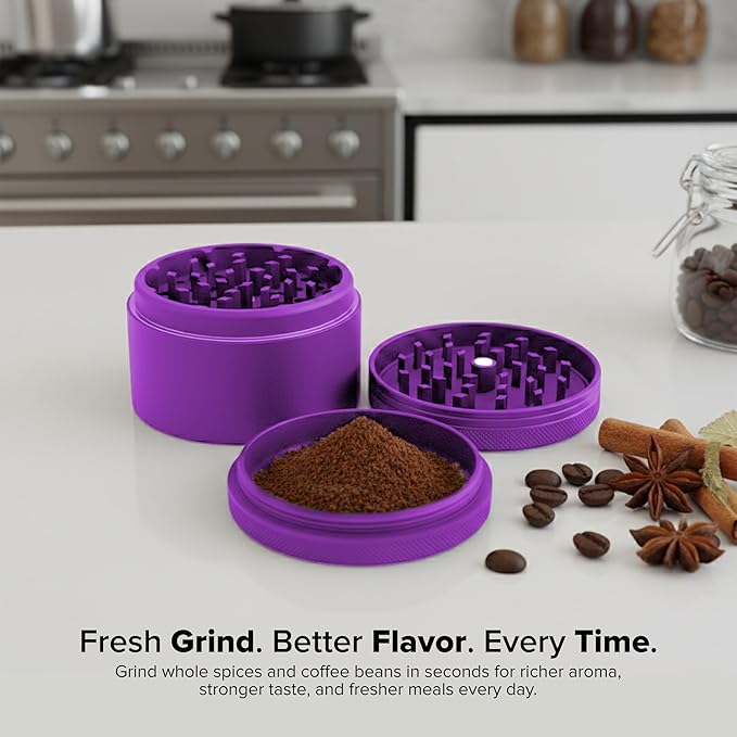 HerbSaver 2.5 Inch Aluminum Spice Grinder – Manual Kitchen Grinder with Sharp Teeth, Magnetic Lid, Matte Finish for Pepper, Salt and Seasonings (Purple)