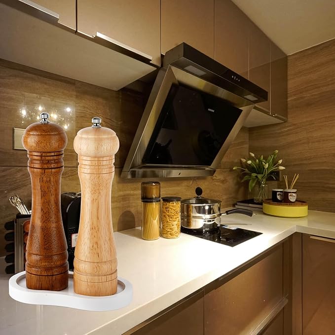 Salt and Pepper Wood Mill Tray, White colour Pepper Grinder Rest, Work Surface and Dining Table Protector (Pepper mill not included)