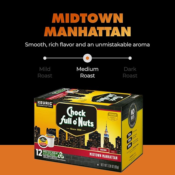 Chock Full o' Nuts Midtown Manhattan Keurig K-Cup Pods for Keurig Brewers – Premium Arabica, Medium Roast – Single Serve – 1 Pack of 12 K-Cup Pods