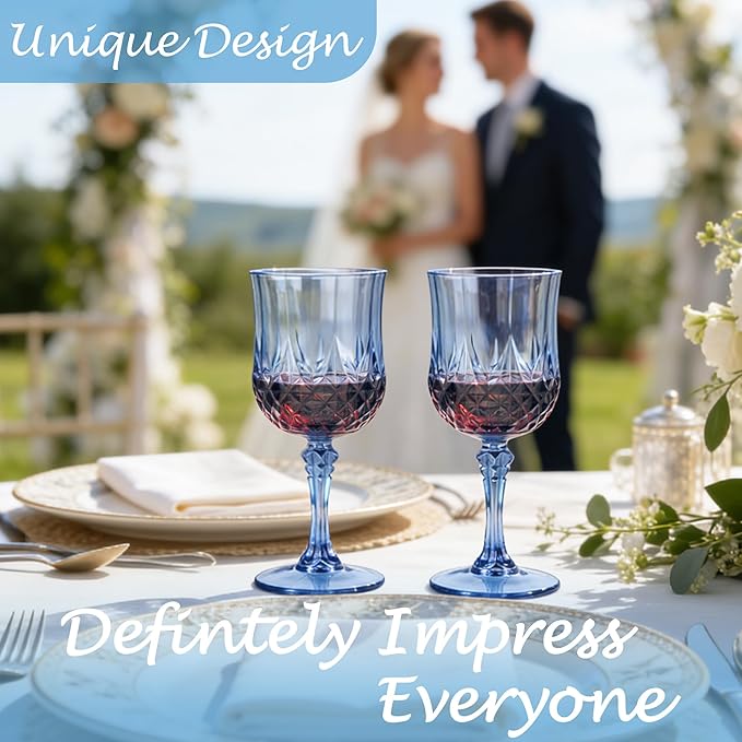 Plastic Wine Glasses, Plastic Goblets Vintage Style Cordial Unbreakable Drinking Glasses， Reusable Drinkware for Wedding Reception, Grand Event Party Supplies(24, Blue)