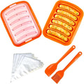 Silicone Sausage Mold 2 Pcs with a Set of Silicone Brush Spatula and 25x Pastry Bags, Non-Stick Hot Dog Bun Pan, DIY Handmade Ham Sausage, Hot Dogs Baking Mold for Children's Food with Lid, Orange