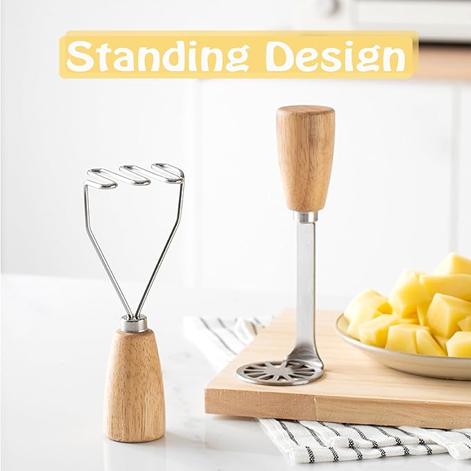 2Pcs Mini Potato Masher,Stainless Steel Mashed Potatoes Masher with wooden handle, Kitchen gadgets Tool for Potatoes, Beans, Meat, Vegetables,space saver (Mini Duo)
