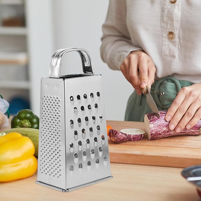 Hemoton Stainless Steel 4-Sided Kitchen Grater Vegetable Slicer and Cheese Shredder with Non-Slip Handle for Efficient Food Prep