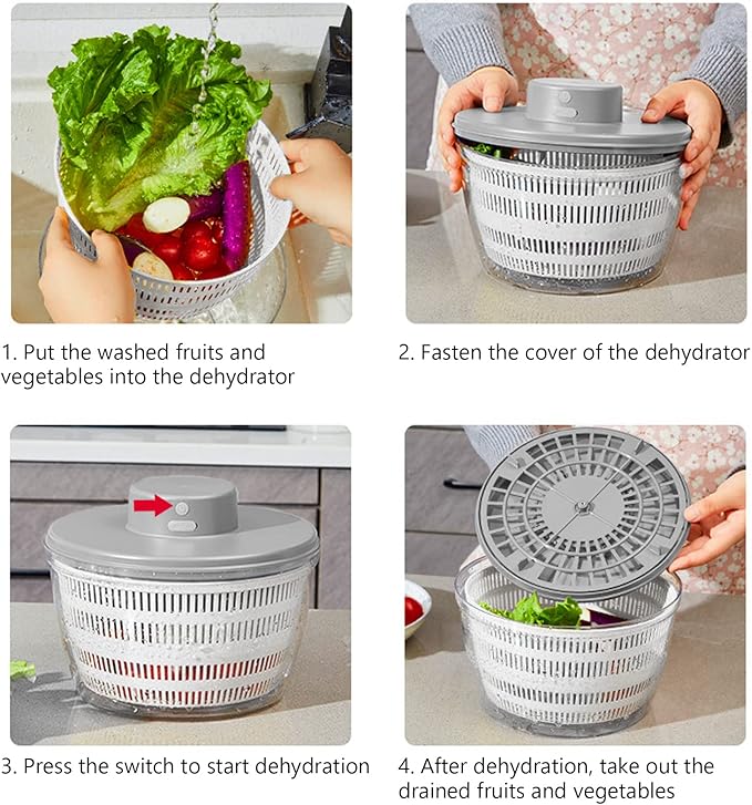 Vegetables Washer Dryer,4L Large Capacity Fruit Vegetable Strainer Spinner,USB Electric Salad Lettuce Spinner,Automatic Compact Salad Cleaner and Dryer for Home Kitchen(White)
