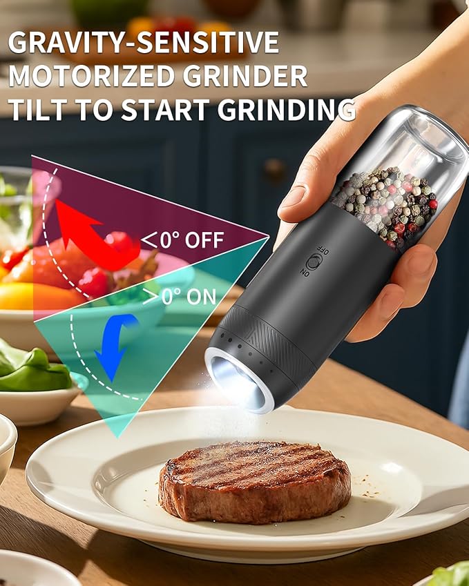 CIRCLE JOY Gravity Sensor Salt and Pepper Grinder Set with Rechargeable Base, Electric Salt and Pepper Grinder Set with External Adjustment, 176ml Capacity and One-handed Operation, Black