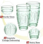 CREATIVELAND Colored Vintage Drinking Glasses Set of 4, 15.5 oz Romantic Embossed Water Glasses, Colored Tumblers Tempered Glass for Juice, Beverages, Beer, Cocktail (Green)