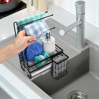 Tlence Kitchen Sink Caddy with 3 Dishcloth Drying Racks, Sponge Holder Rag Stand with Drain Pan, Metal Sink Storage Organizer with Removal Basket for Brush, Towel, Scrubber, Dish Rag, Black