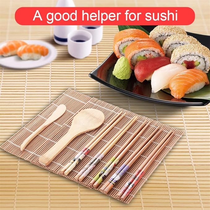 GLOGLOW Sushi Maker Set, Tool & Gadget Sets with Curtain Vane/Wing Spoon and 5 Pairs of Twisted Chopsticks, for Making Sushi At Home Maker Set, Rolling Mat Kits Making Kit (Assorted Color)