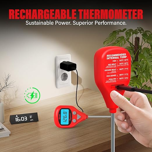 AWLKIM Rechargeable Digital Meat Thermometer with 3.3ft External Probe, Warning Alert, Instant Read Food Thermometer for Cooking Baking Water BBQ Oil Fry, Waterproof IP67, Hold Function, Oven Safe