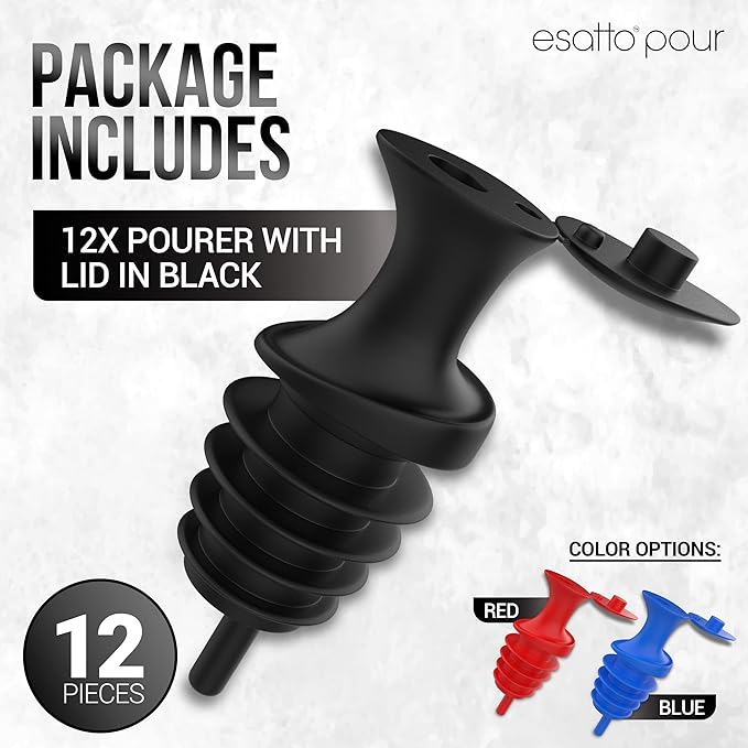 Esatto Pour and Seal, Pourer with Lid – Easy Pouring for Drinks like Spirits and Liquors, Lid for Healthy Practices Keeping Debris and Fruit Flies Away, Professional Bar Tool, Pack of 12 Pieces (Blue)