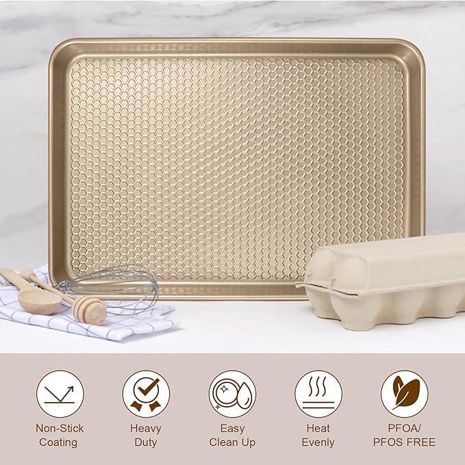 Wildone Baking Sheet Pan Set, Honeycomb Embossed Nonstick Baking Sheet 15x10 In, Thicker Carbon Steel Cookie Sheet, Even Heating Jelly Roll Pan, Champagne Gold, 2 Pack