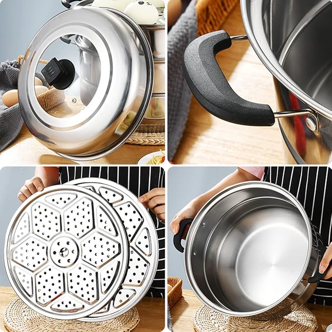 11.8inch Steam Pots with 3pcs Steamer Liners and Kitchen gripper 3-tier Stainless Steel Steamer Pot with Lid for Cooking Multipurpose Vegetable, Dumpling, Stock, Sauce