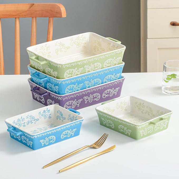 Domini Casserole Dishes for Oven, Ceramic Baking Dishes for Oven Set of 2, Lasagna Pan Deep, Baking Pan Set Square Casserole Dish Set with Handles for Baking, Pattern Green(11.4+8.5inch)