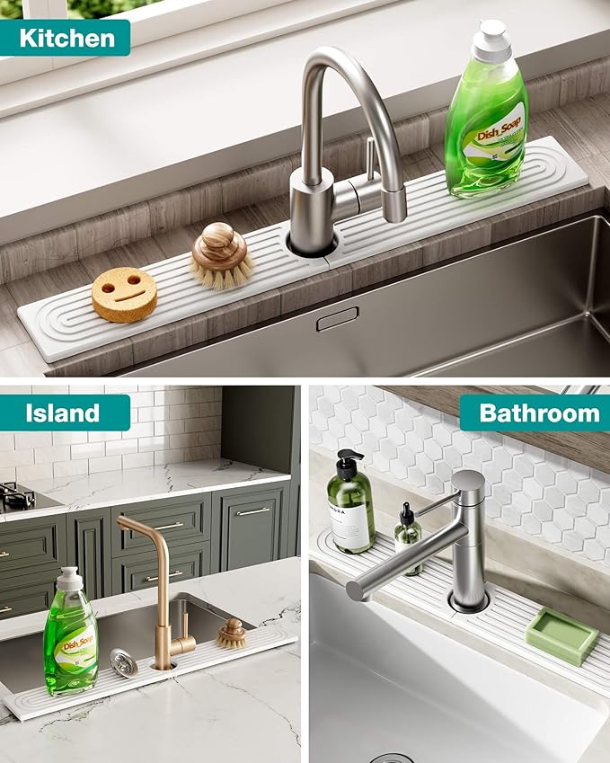 Stone Faucet Mat for Kitchen Sink, Diatomite Sink Protectors - Prevent Moisture Drying Stone Tray Fit Kitchen Counter & Bathroom Counter (White, 30"L x 4"W)