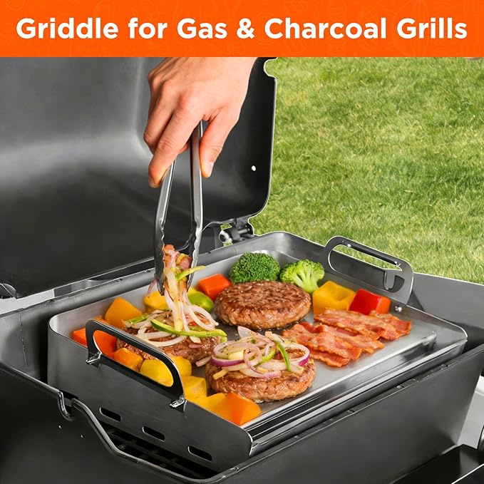 23" x 16" Stainless Steel Flat Top Griddle for Gas & Charcoal Grills, Universal Design for Outdoor & Home Cooking, with Grease Groove & Removable Handle, Ideal for Tailgating & Backyard Parties