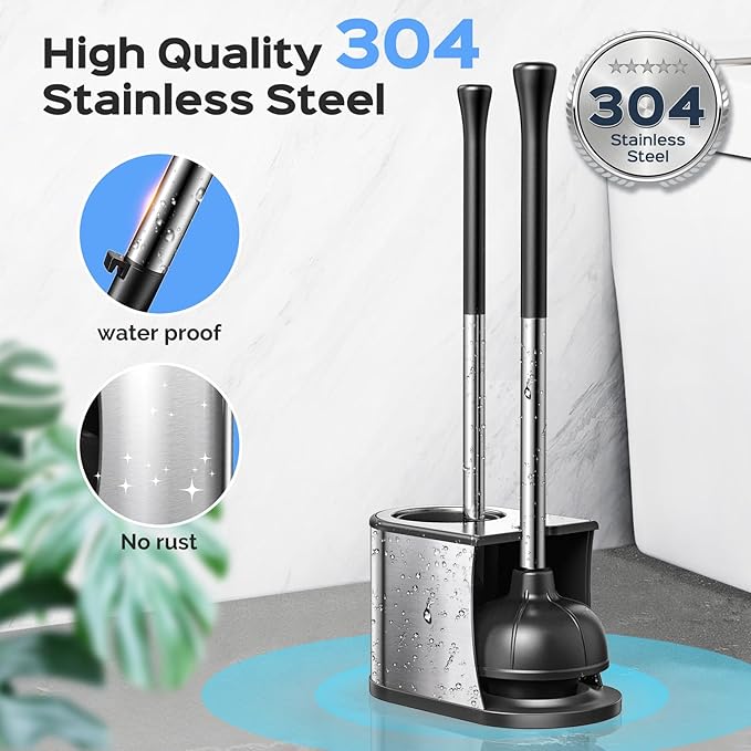HAMITOR Toilet Plunger and Brush Set: 2 in 1 Stainless Steel Rustproof Combo with Deep Cleaning Curved Bristles - Heavy Duty Toilet Unclogging for Family Bathroom - Compact Apartment Accessories