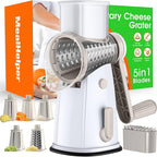 MealHelper 5 Blade Rotary Cheese Grater and Vegetable Chopper with Storage Box and Hand Crank, Compact Shredder for Cheeses, Veggies, Nuts - Easy to Use, Non-slip Suction Base,White