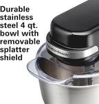 Hamilton Beach Electric Stand Mixer, 4 Quarts, Dough Hook, Flat Beater Attachments, Splash Guard 7 Speeds with Whisk, Black