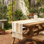 FEXIA Boho Table Runner for Hoilday Spring Home Decor with Tassels 60 Inches Long Pottery barn Furniture Farmhouse Rustic Macrame Burlap Table Decoration for Living Room (12x60 Inches)