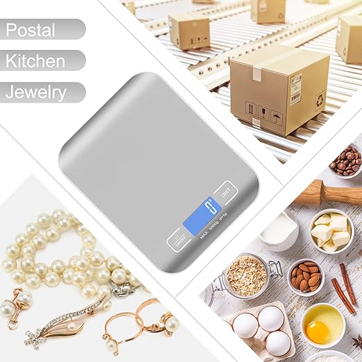 Digital Shipping Scale,Stainless Steel Panel, Accurate 5kg/1g Portable Postal Scale for Packages, Small Business,Kitchen, Food, Handmade, Liquids, and Boutique (Silver)