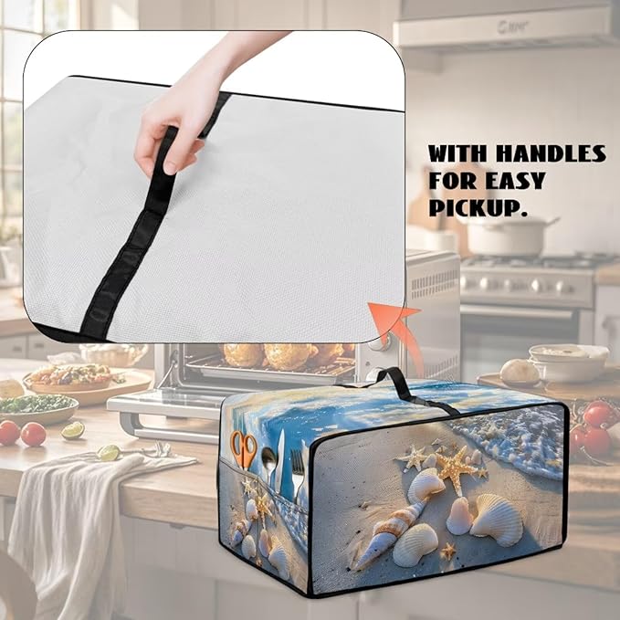 Beach Starfish Shell Print Toaster Oven Scratch-resistant Cover, Heat-resistant Small Appliance Cover for Kitchen Counter with Storage Pockets (Small-14.5 * 18.46 * 9 inches)